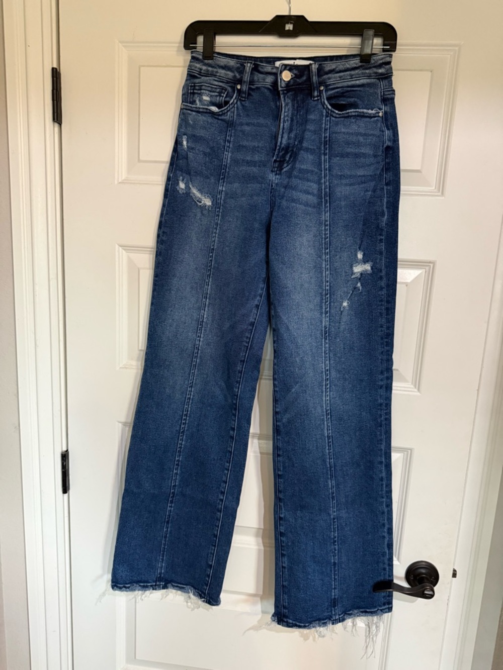 High-Rise Wide Leg Distressed Denim Jeans in Dark Blue